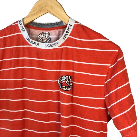 Salem7 Men's Short Sleeve White Orange Striped Embroidered Fangz T-Shirt - Picture 4 of 7